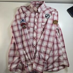 JACHS XXL Red White Plaid Western Shirt Long Sleeve Cotton Casual USA Patches